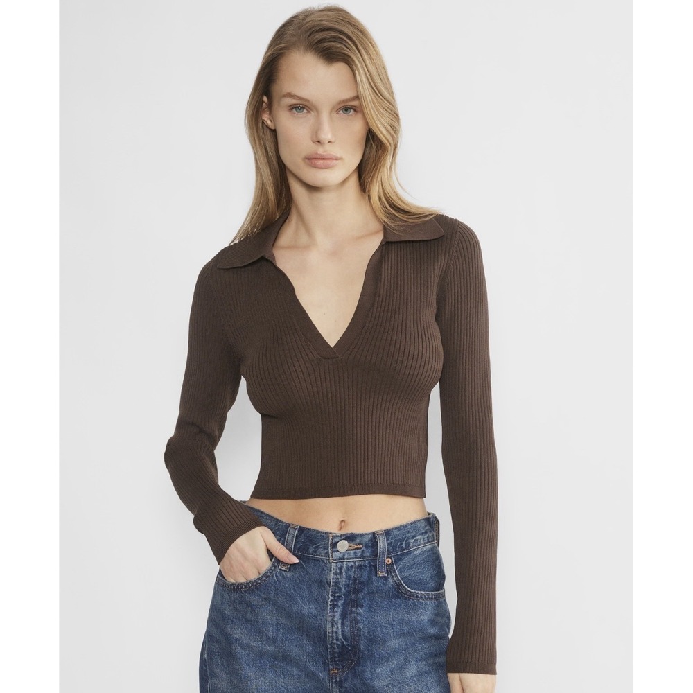Babaton Aritzia M Brown Ribbed Sculpt Knit V-Neck Polo Long Sleeve Top Bodycon